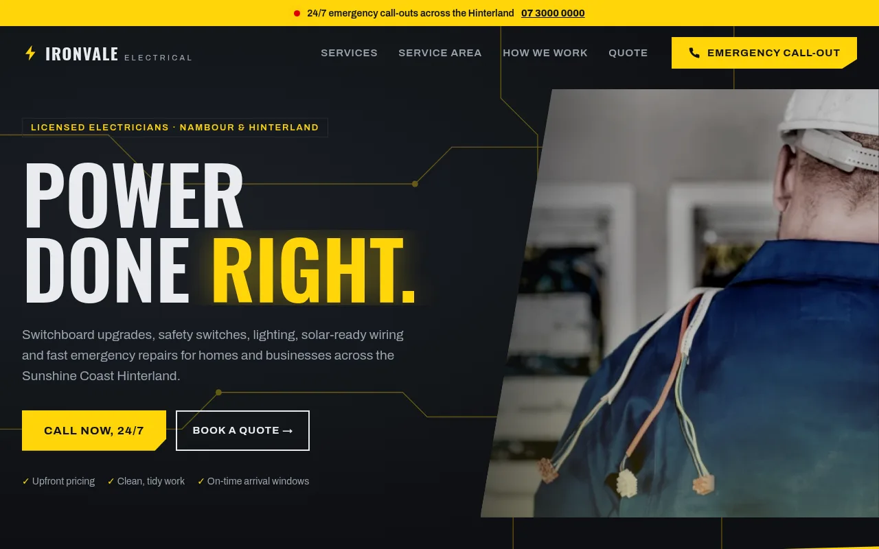 Laptop view of the concept website design for Ironvale Electrical, a fictional an electrician